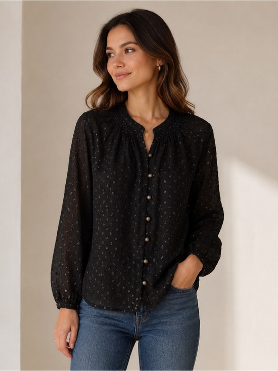 mason & belle Tops - Mason & Belle Black Foil Shimmer Dot Button Blouse Women’s Lined Long Sleeve